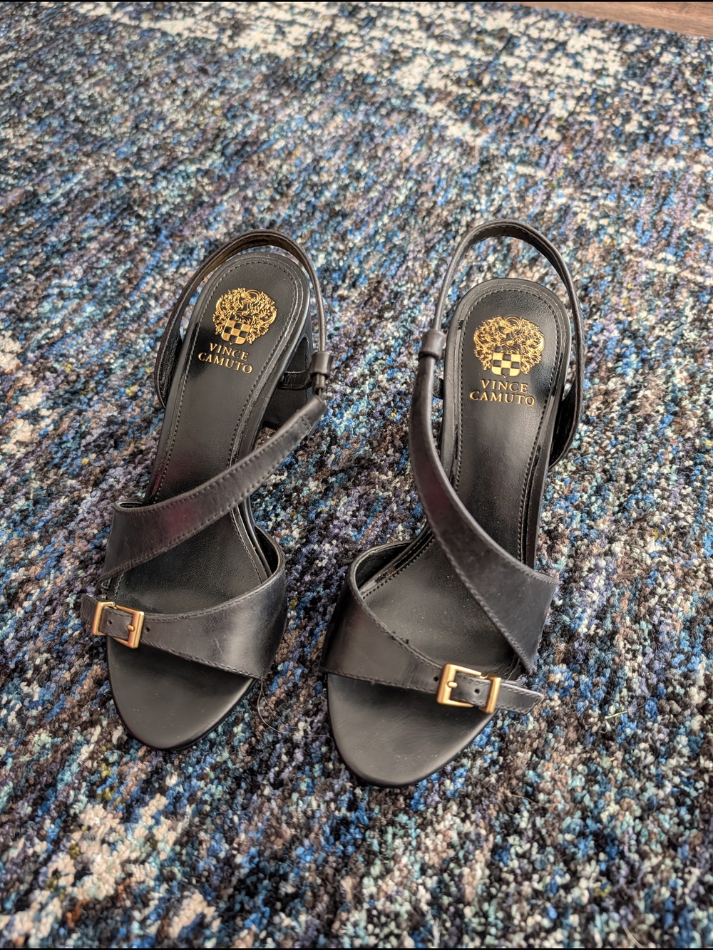 Vince Camuto Black Leather Crisscross Slingback Heels with Gold Buckle Detail